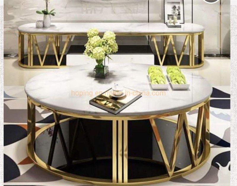 Chinese Marble Metal Dining Table Luxury Home Steel Base Plate Rose Gold Round Glass Coffee Table 6 Seater Restaurant Table
