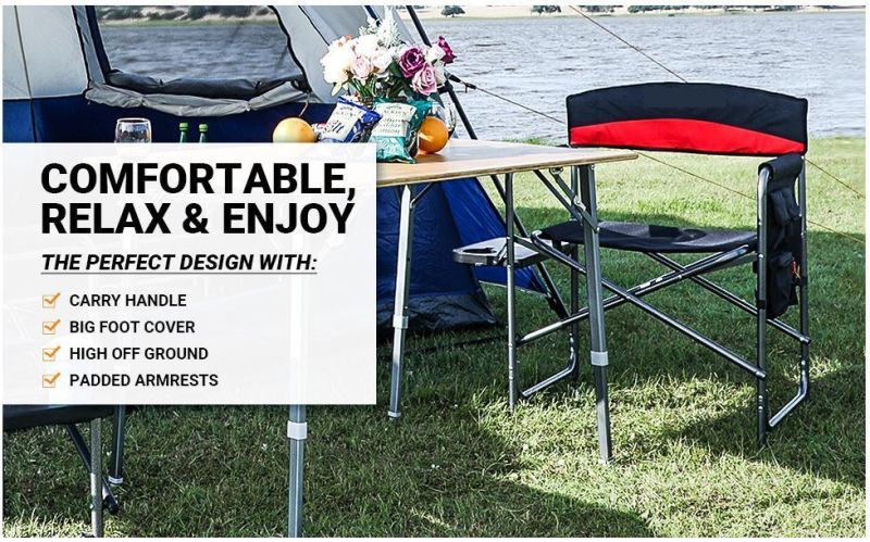 Eavy Duty Camping Directors Chair, Folding Portable Camping Chair with Side Table Storage Pockets for Outdoor Tailgating Sports Backpacking Fishing Lawn Beach