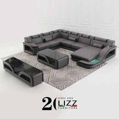 Large Size Home Furniture Set Living Room LED Light Sectional Corner Sofa in Genuine Leather