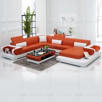 Good Quality Modern Furniture Top Grain Genuine Leather U Shape Leisure Sofa with LED Lights