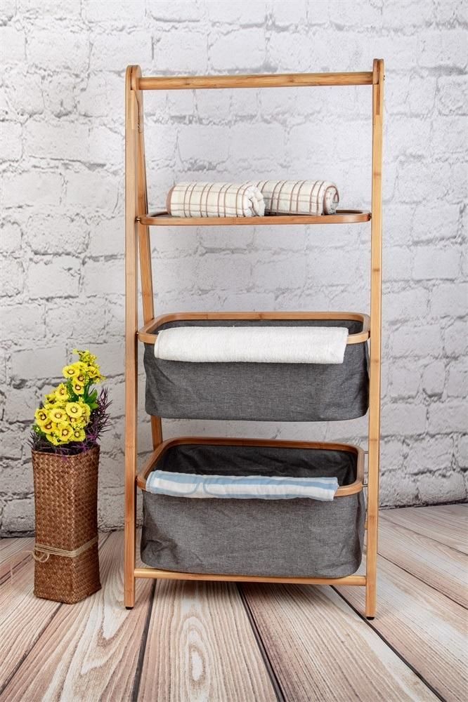 Foldable Bamboo Bathroom Shelf with 1 Shelf 2 Baskets, Storage Display Shelving Unit