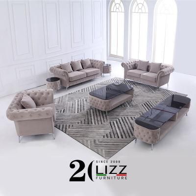 Luxury Modern Home Furniture with Coffee Table Sectional European 1+2+3 Pink Fabric Velvet Sofa Set