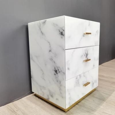 Euro Style Modern Home Furniture Marble Printed Glass Night Stand