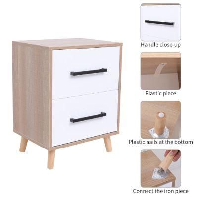 End Side Table with 2 Drawer, Bedside Table with Solid Wood Legs, Modern Storage Cabinet for Bedroom Living Room Furniture