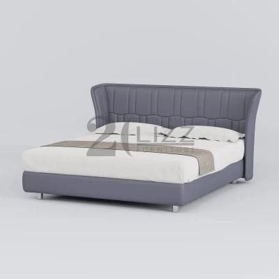 King Size Modern Luxury Real Leather Grey Bed with Chrome Legs for Home Hotel Bedroom Furniture Set