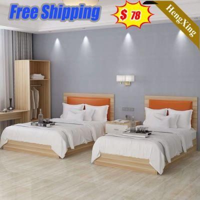 Fashion Hotel Bedroom Bed Living Room Furniture Oak Wooden Bed with Leather Cushion Bed